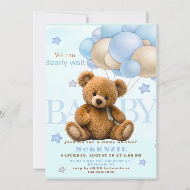 We Can Bearly Wait Teddy Bear Boy Baby Shower Invitation (Front)