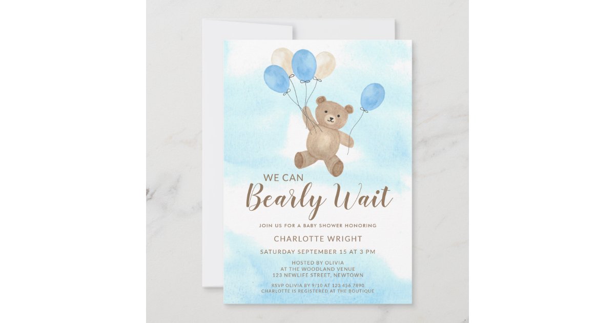 We Can Bearly Wait Teddy Bear Boy Baby Shower Invitation | Zazzle