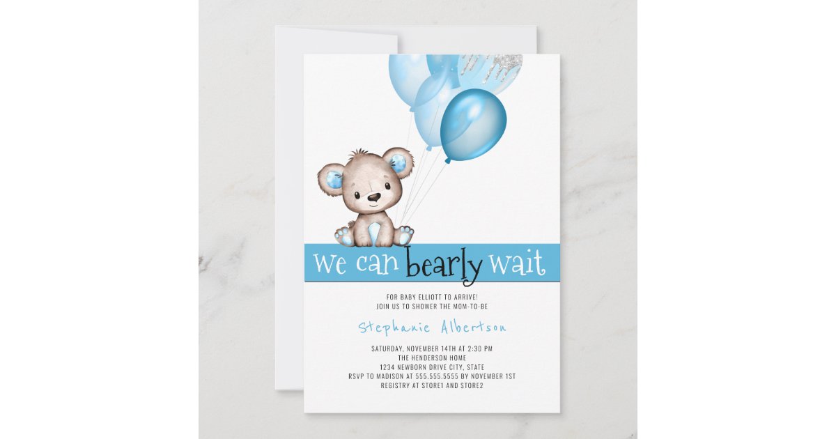 We Can Bearly Wait Teddy Bear Boy Baby Shower Invitation | Zazzle