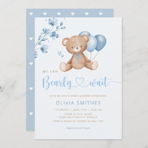 We Can Bearly Wait Teddy Bear Boy Baby Shower Invitation