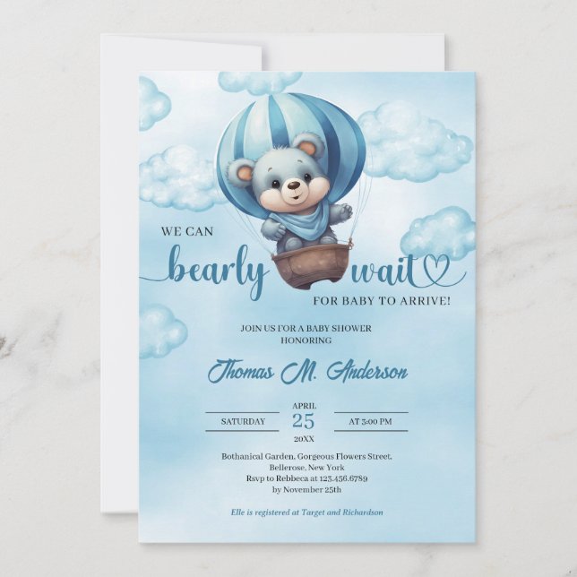 We can bearly wait teddy bear boy Baby Shower Invitation (Front)