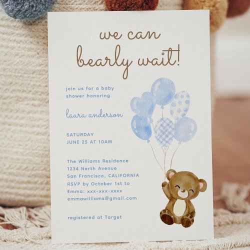 We can bearly wait teddy bear boy baby shower invitation