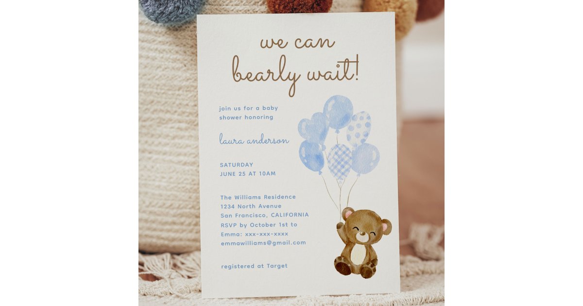 We can bearly wait teddy bear boy baby shower invitation | Zazzle
