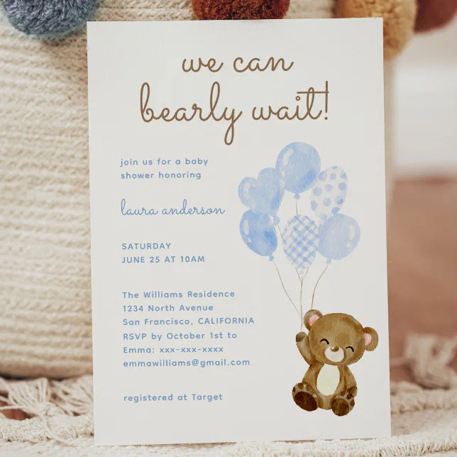 We can bearly wait teddy bear boy baby shower invitation | Zazzle