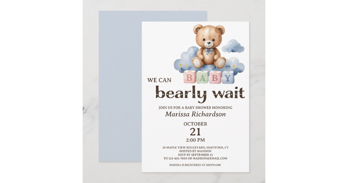We Can Bearly Wait Teddy Bear Boy Baby Shower Invitation | Zazzle