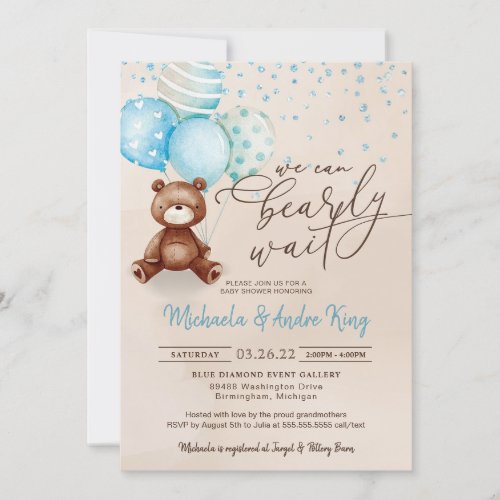 We Can Bearly Wait Teddy Bear Boy Baby Shower Invitation