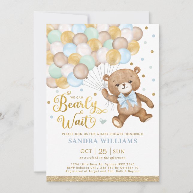 We Can Bearly Wait Teddy Bear Boy Baby Shower Invitation (Front)