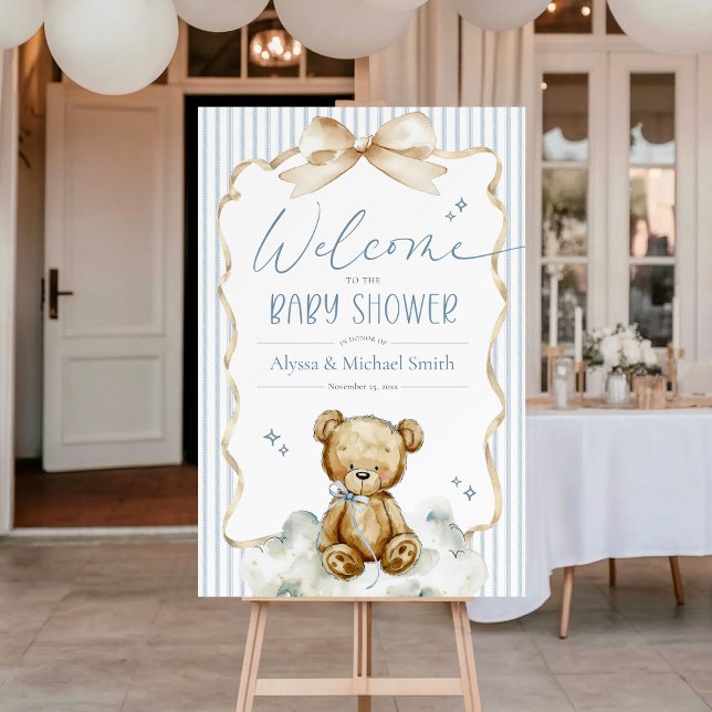 We Can Bearly Wait Teddy Bear Boy Shower Welcome Poster (Cute We Can Bearly Wait watercolor teddy bear blue bows stripes baby boy shower welcome sign poster)
