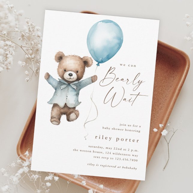 We Can Bearly Wait Teddy Bear Boys Baby Shower Invitation (We Can Bearly Wait Teddy Bear Boys Baby Shower Invitation.)