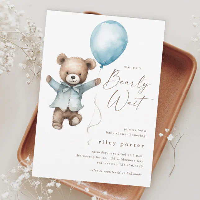 We Can Bearly Wait Teddy Bear Boys Baby Shower Invitation | Zazzle