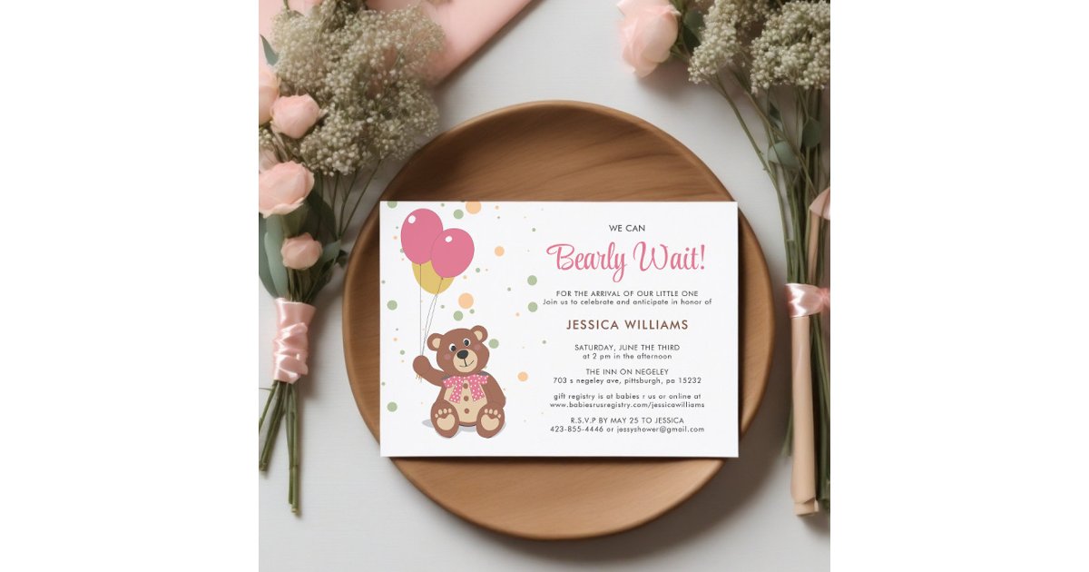We Can Bearly Wait Teddy Bear Cub Girl Baby Shower Invitation | Zazzle