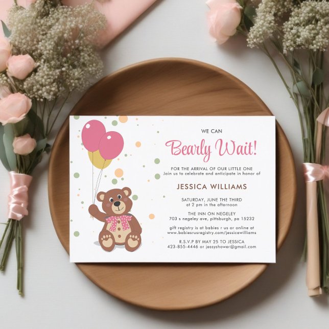 We Can Bearly Wait Teddy Bear Cub Girl Baby Shower Invitation (Baby Shower Invite in Pink)