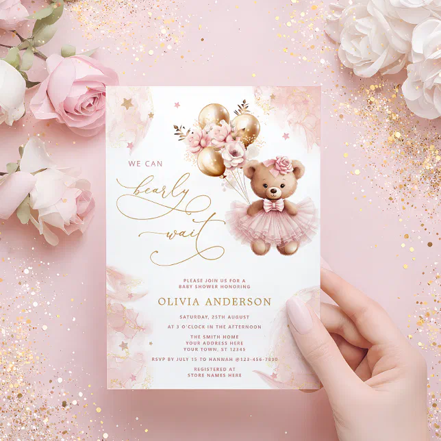 We Can Bearly Wait Teddy Bear Girl Baby Shower Inv Invitation | Zazzle