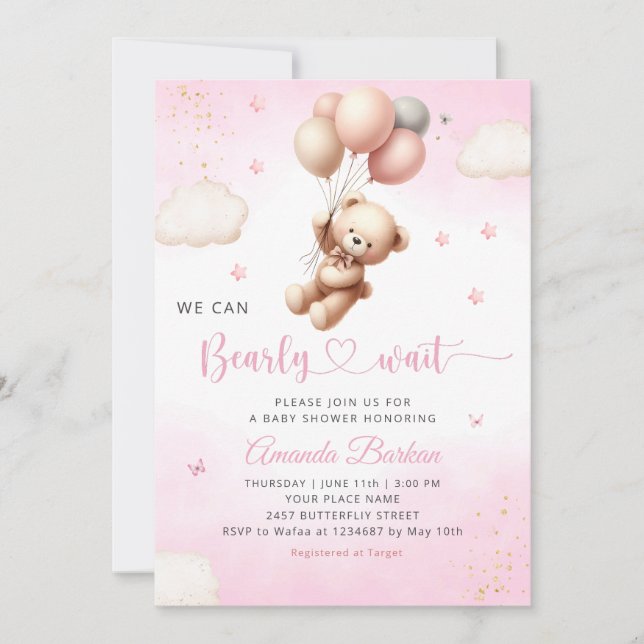 We Can Bearly Wait Teddy Bear Girl Baby Shower Invitation (Front)