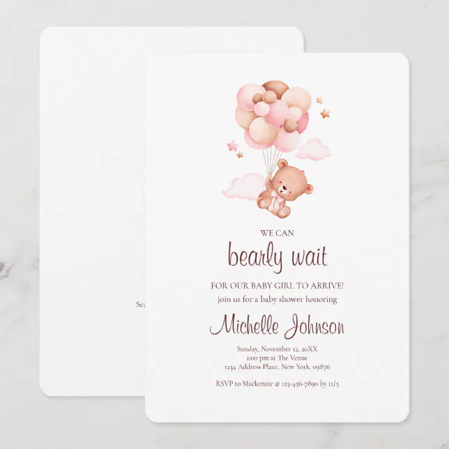 We Can Bearly Wait Teddy Bear Girl Baby Shower Invitation | Zazzle