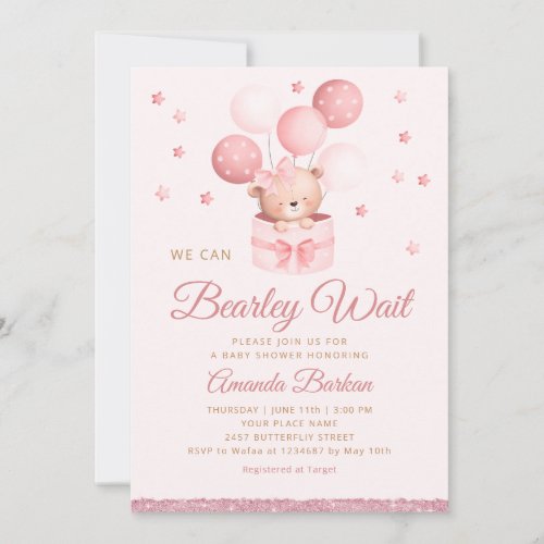 We Can Bearly Wait Teddy Bear Girl Baby Shower Invitation