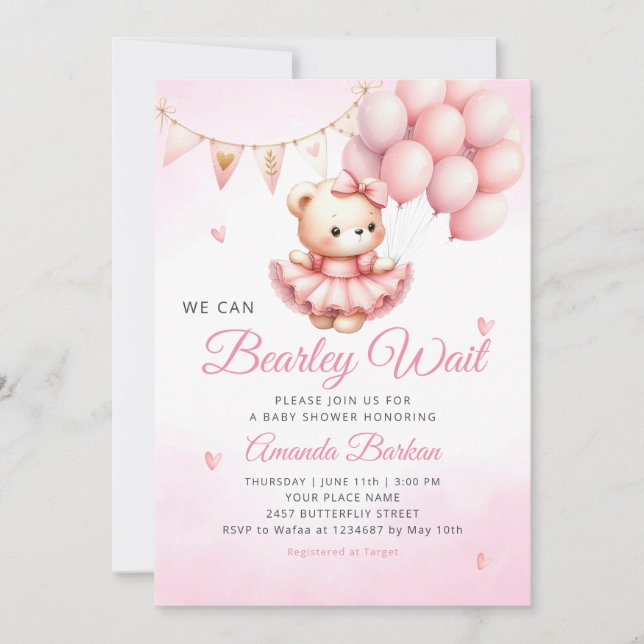 We Can Bearly Wait Teddy Bear Girl Baby Shower  Invitation (Front)