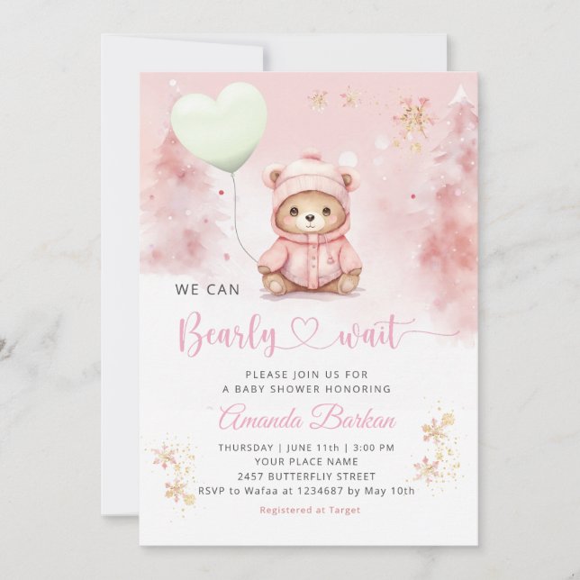 We can Bearly wait Teddy Bear Girl Baby Shower  Invitation (Front)