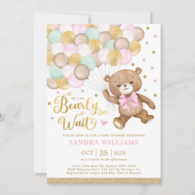 We Can Bearly Wait Teddy Bear Girl Baby Shower Invitation | Zazzle