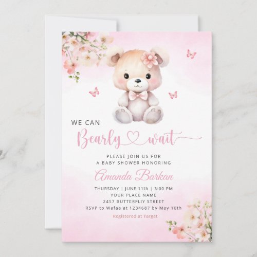 We Can Bearly Wait Teddy Bear Girl Baby Shower  Invitation