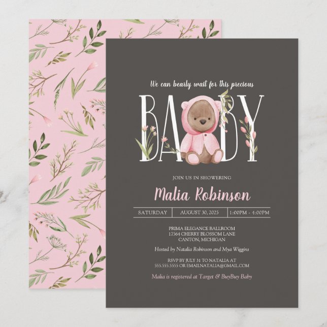 We Can Bearly Wait! Teddy Bear Girl Baby Shower  Invitation (Front/Back)