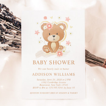 We Can Bearly Wait Teddy Bear Girl Baby Shower Invitation by lilanab2 at Zazzle