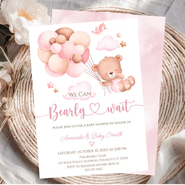 We can Bearly Wait Teddy Bear Girl Baby Shower Invitation | Zazzle