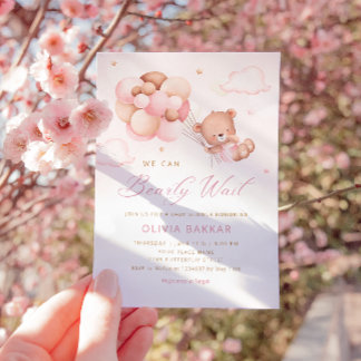 We Can Bearly Wait Teddy Bear Girl Baby Shower Invitation