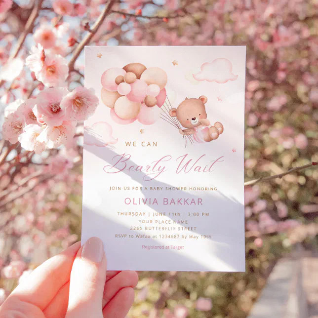 We Can Bearly Wait Teddy Bear Girl Baby Shower Invitation | Zazzle
