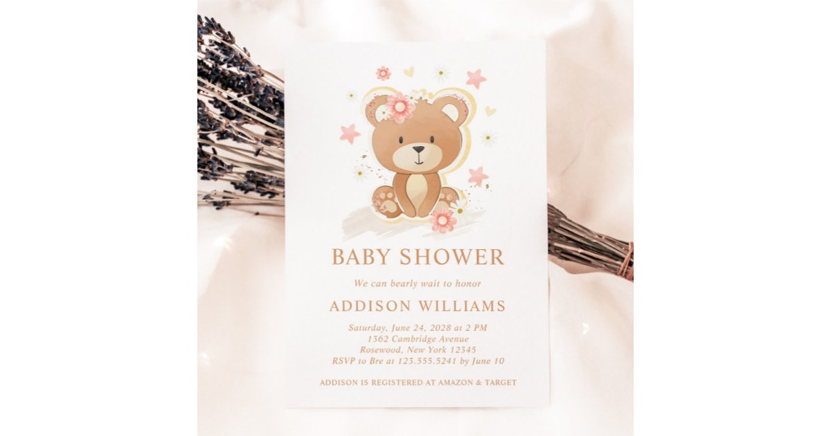We Can Bearly Wait Teddy Bear Girl Baby Shower Invitation | Zazzle