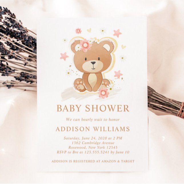 We Can Bearly Wait Teddy Bear Girl Baby Shower Invitation (Creator Uploaded)