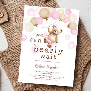 We Can Bearly Wait Teddy Bear Girl Baby Shower Invitation
