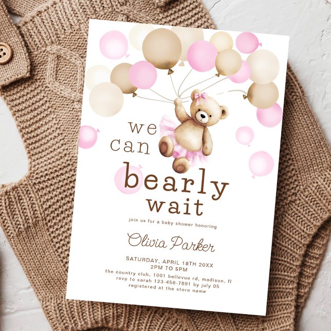 We Can Bearly Wait Teddy Bear Girl Baby Shower Invitation (Creator Uploaded)