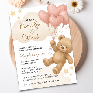 We Can Bearly Wait Teddy Bear Girl Baby Shower Invitation