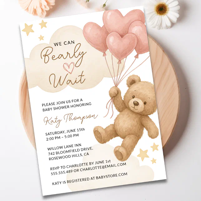 We Can Bearly Wait Teddy Bear Girl Baby Shower Invitation | Zazzle