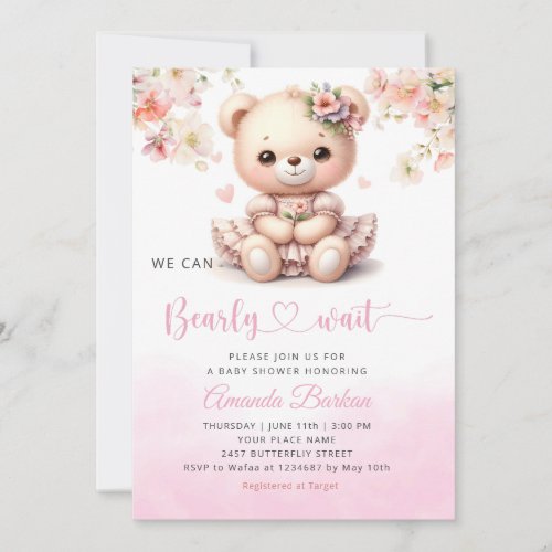 We Can Bearly Wait Teddy Bear Girl Baby Shower  Invitation