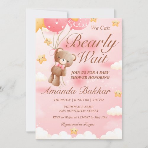 We Can Bearly Wait Teddy Bear Girl Baby Shower Invitation