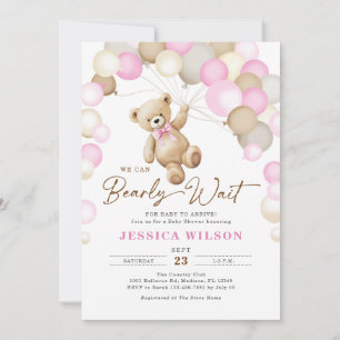 We Can Bearly Wait Teddy Bear Girl Baby Shower Invitation