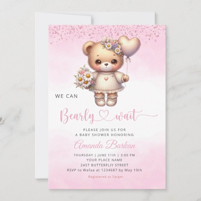 We can Bearly wait Teddy Bear Girl Baby Shower  Invitation (Front)