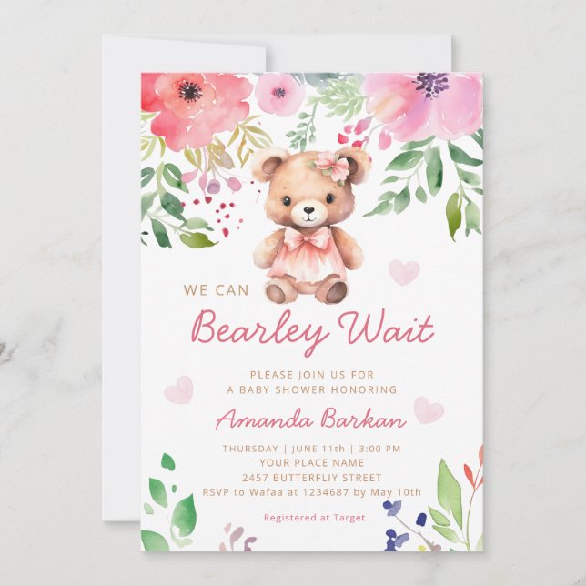 We Can Bearly Wait Teddy Bear Girl Baby Shower  Invitation (Front)