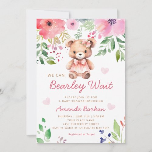 We Can Bearly Wait Teddy Bear Girl Baby Shower  Invitation