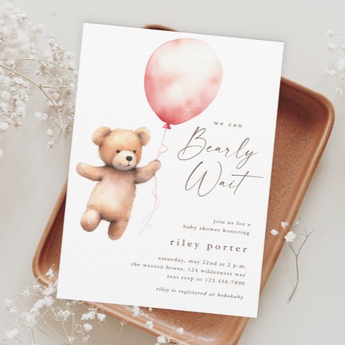We Can Bearly Wait Teddy Bear Girls Baby Shower Invitation