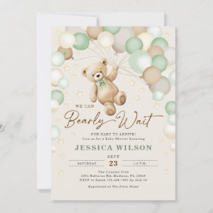 We Can Bearly Wait Teddy Bear Green Baby Shower Invitation