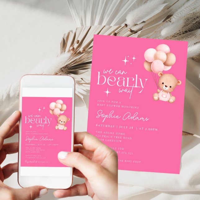 We Can Bearly Wait Teddy Bear Hot Pink Baby Shower Invitation (Creator Uploaded)