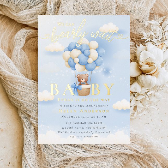 We can Bearly Wait Teddy Bear Neutral Baby Shower Foil Invitation (Creator Uploaded)