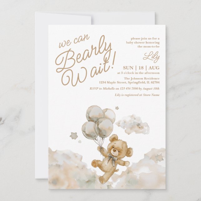 We Can Bearly Wait Teddy Bear Neutral Baby Shower Invitation (Front)