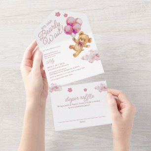 We Can Bearly Wait Teddy Bear Pink Baby Shower All In One Invitation