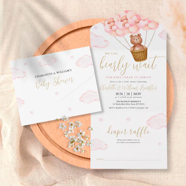 We Can Bearly Wait Teddy Bear Pink Baby Shower All In One Invitation ...
