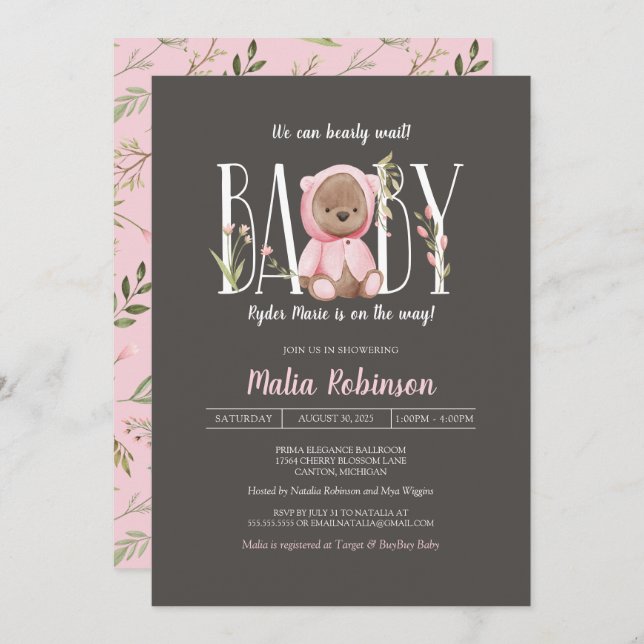 We Can Bearly Wait! Teddy Bear Pink Baby Shower  Invitation (Front/Back)