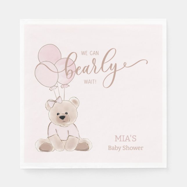 We Can Bearly Wait Teddy Bear Pink Baby Shower Napkins (Front)